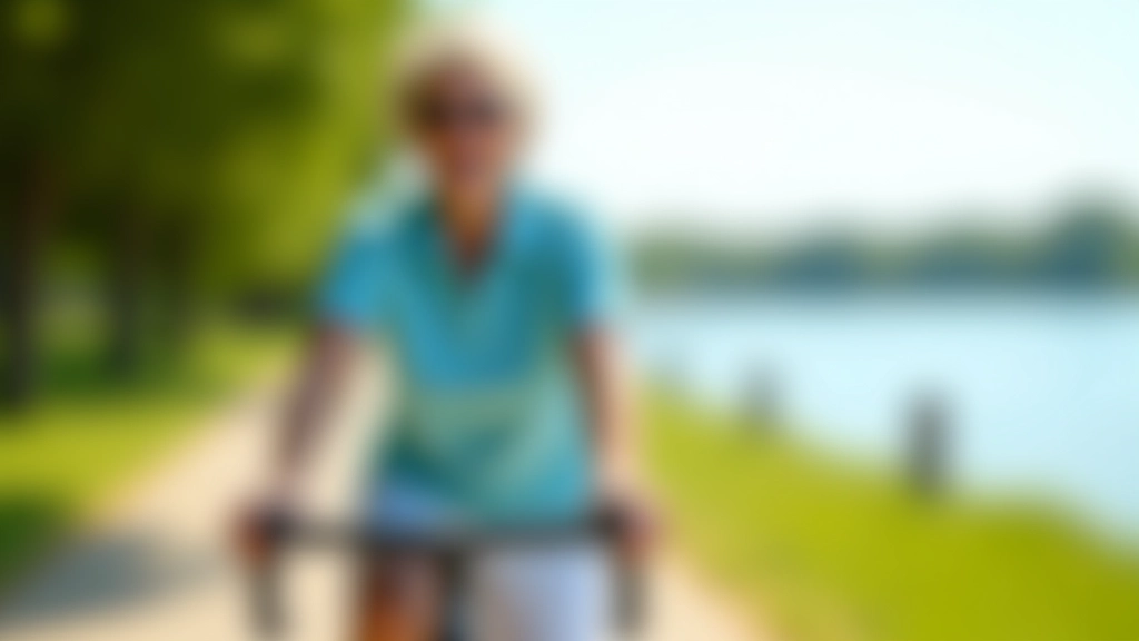 Seniorė dviračiu važiuoja sauliame vasaros krante su nuo saulės apsaugos